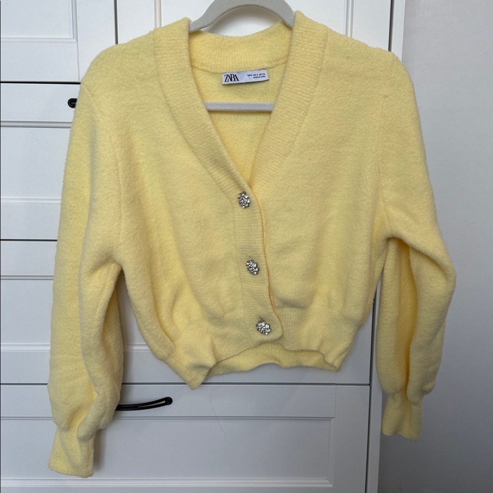 Zara Soft Yellow Knit Cardigan with Sparkling Buttons